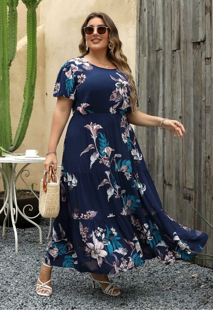 Nemidor Womens Plus Size Boho Ditsy Floral Print Casual Layered Flared Maxi Dress with Pocket NEM304