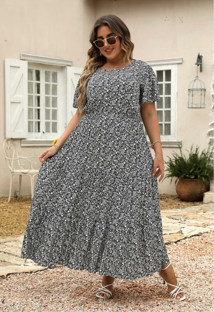 Nemidor Womens Plus Size Boho Ditsy Floral Print Casual Layered Flared Maxi Dress with Pocket NEM304