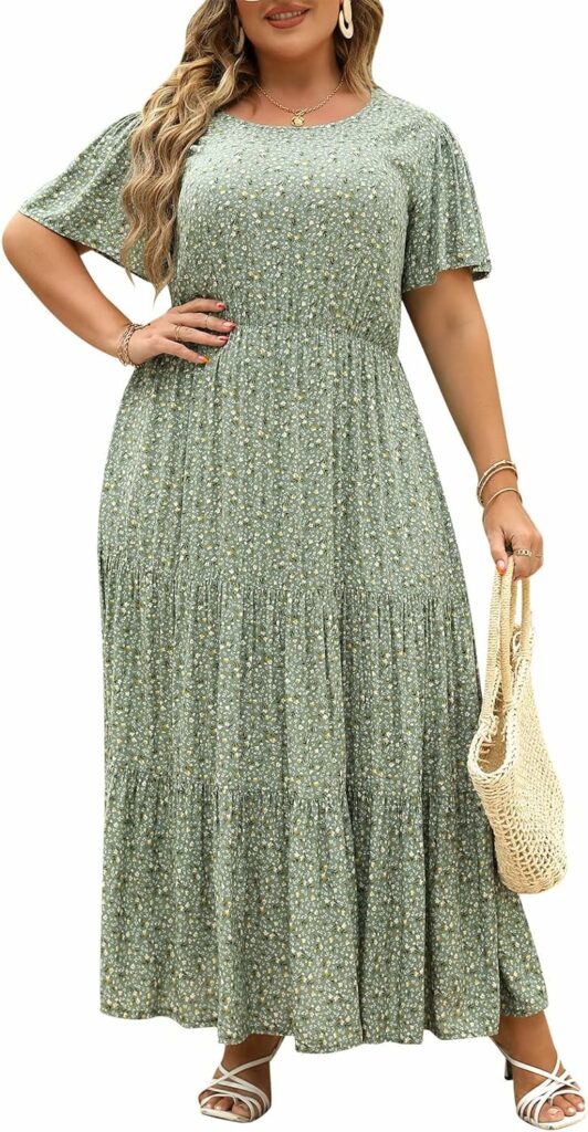 Nemidor Womens Plus Size Boho Ditsy Floral Print Casual Layered Flared Maxi Dress with Pocket NEM304