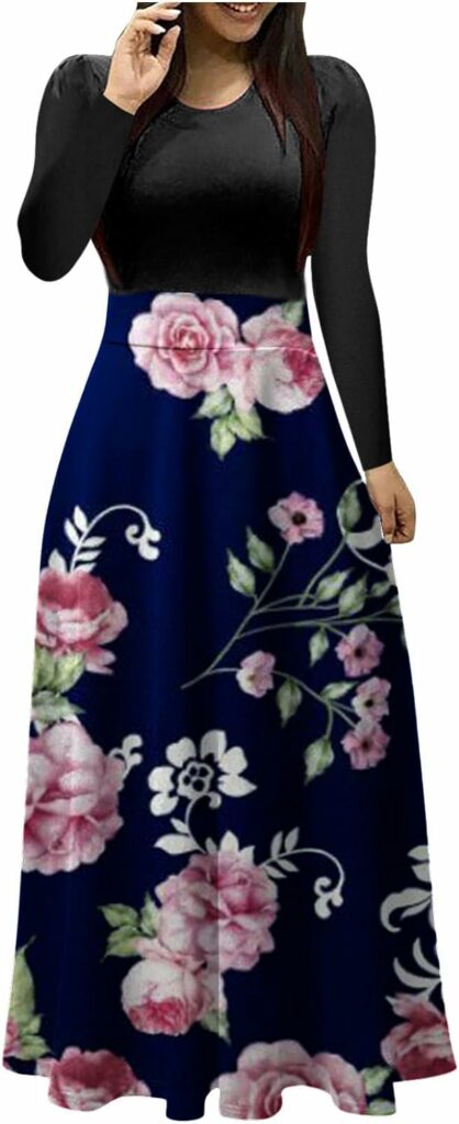 Pejock Womens Casual Long Sleeve Dresses High Waist Loose Long Dress Rose Flower Printed Flowy Fall Winter Maxi Dress