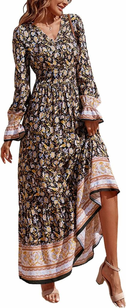 PRETTYGARDEN Long Sleeve Maxi Dress for Women - V Neck Casual Button Down Boho Floral Print Fall Long Dresses