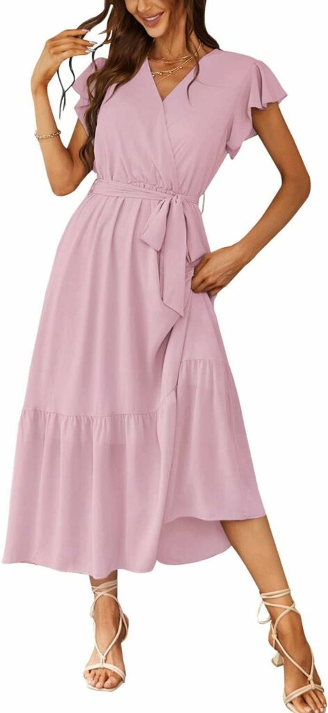 PRETTYGARDEN Womens 2023 Floral Boho Dress Wrap V Neck Short Sleeve Belted Ruffle Hem A-Line Flowy Maxi Dresses