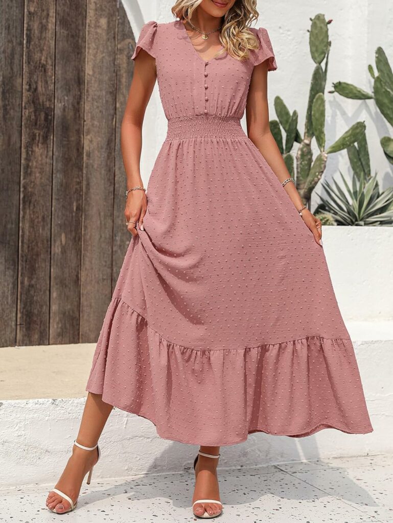 PRETTYGARDEN Womens Dresses 2023 Boho Dress Short Sleeve V Neck Swiss Dot Ruffle Tiered Maxi Dress Smocked Cocktail Dresses