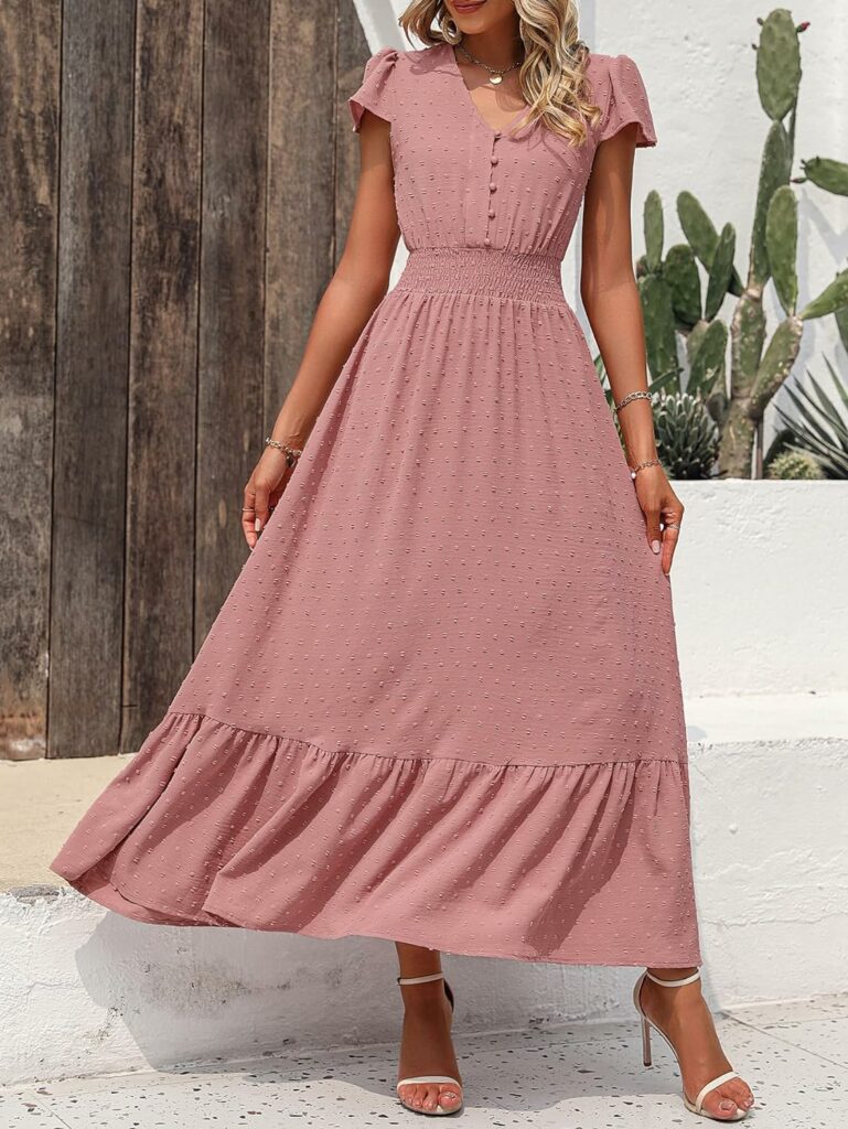 PRETTYGARDEN Womens Dresses 2023 Boho Dress Short Sleeve V Neck Swiss Dot Ruffle Tiered Maxi Dress Smocked Cocktail Dresses