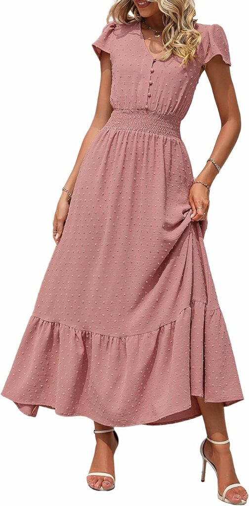 PRETTYGARDEN Womens Dresses 2023 Boho Dress Short Sleeve V Neck Swiss Dot Ruffle Tiered Maxi Dress Smocked Cocktail Dresses