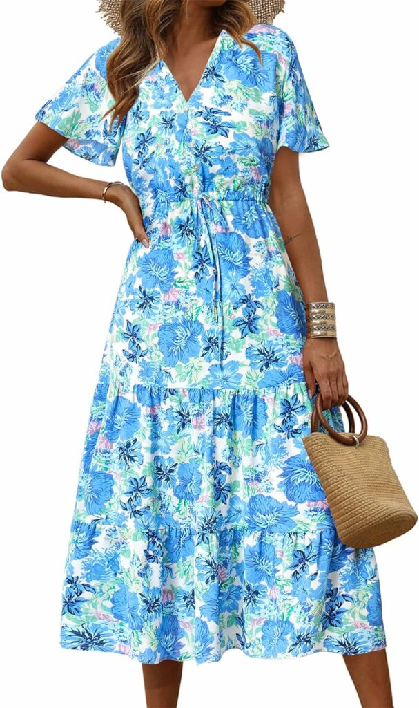 PRETTYGARDEN Womens Floral Boho Dress Casual Short Sleeve V Neck Ruffle Tiered 2023 Summer Swing Maxi Dresses