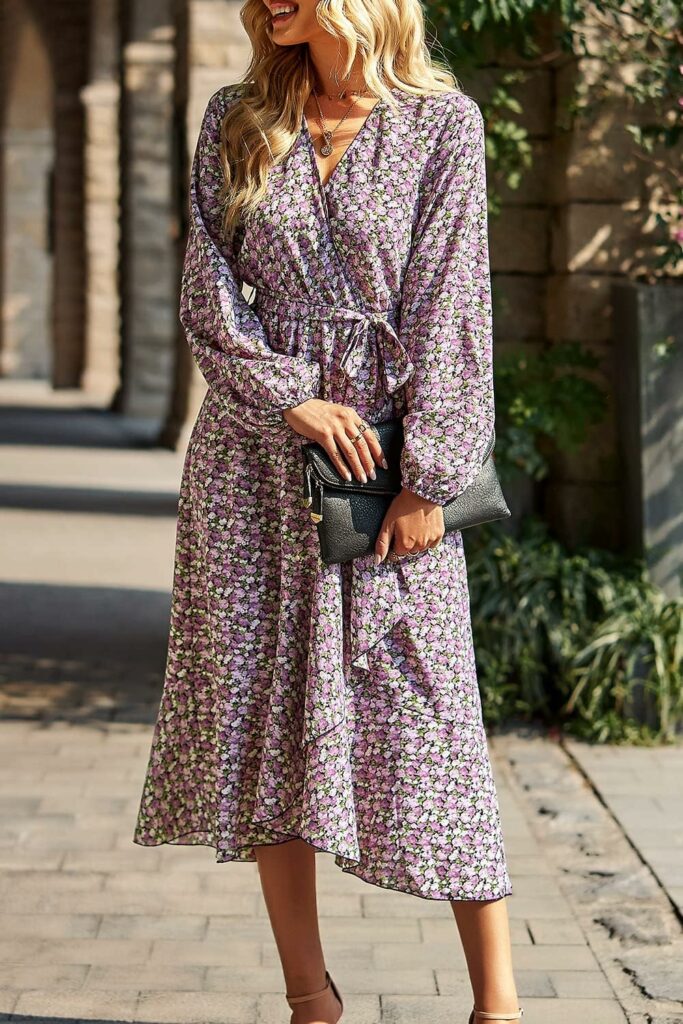 PRETTYGARDEN Womens Long Sleeve Vintage Flowy Dress Floral Print V-Neck Maxi Dresses with Belt