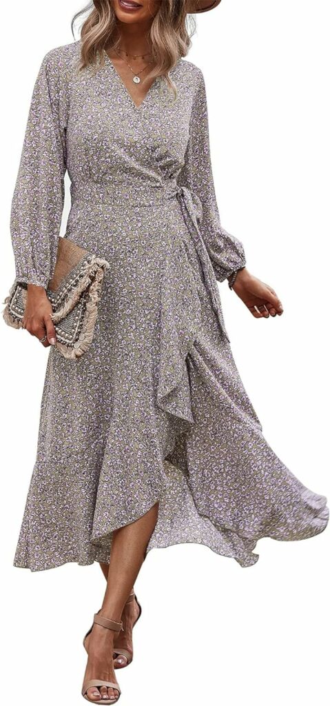 PRETTYGARDEN Womens Long Sleeve Vintage Flowy Dress Floral Print V-Neck Maxi Dresses with Belt