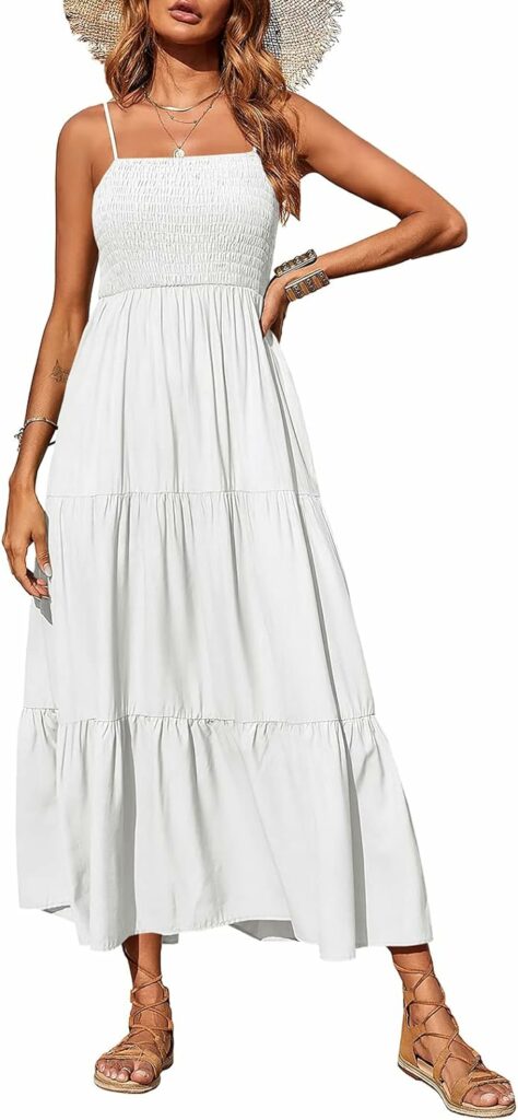 PRETTYGARDEN Womens Summer Maxi Dress Casual Boho Sleeveless Spaghetti Strap Smocked Tiered Long Beach Sun Dresses