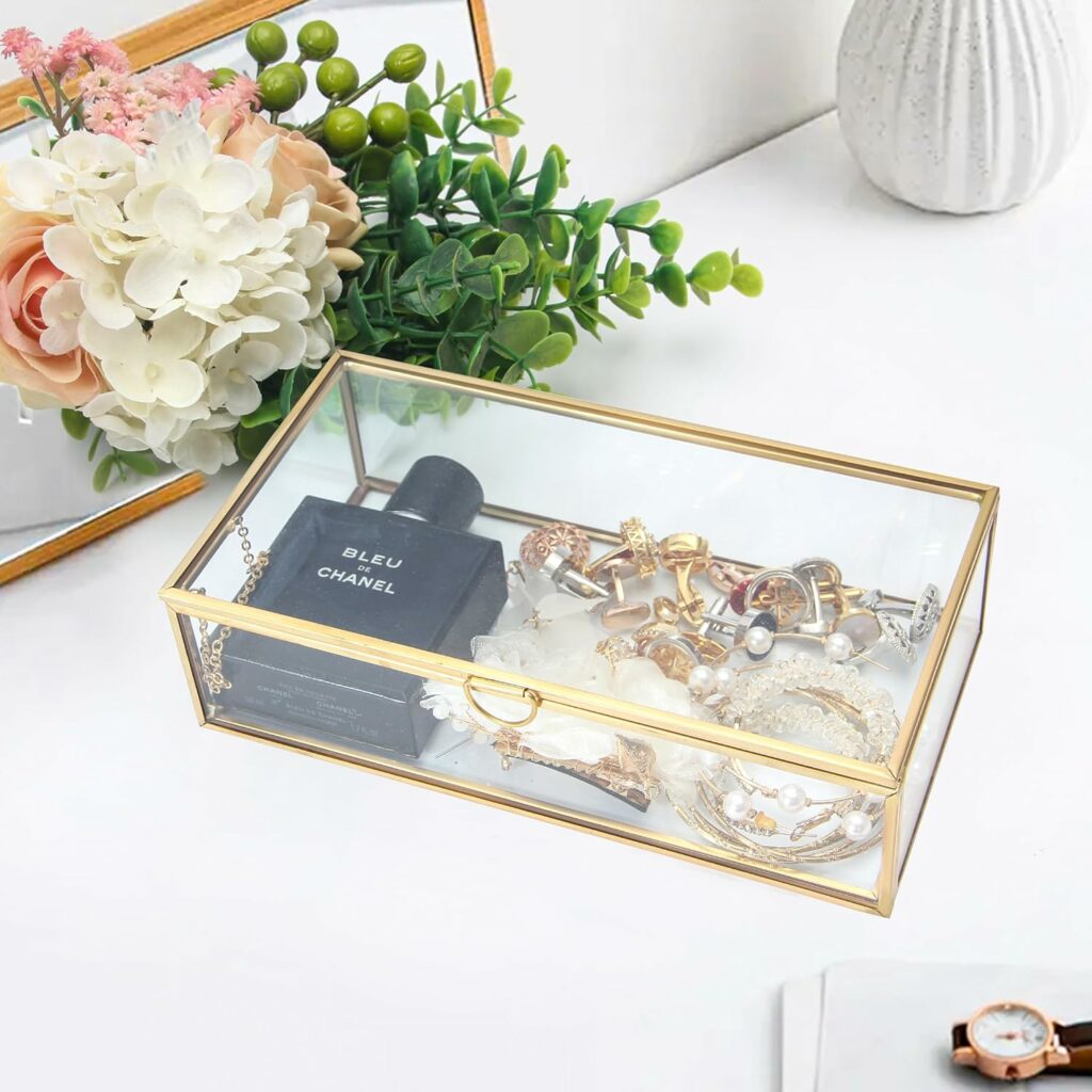 QLQSIMON 8 Copper Golden Vintage Glass Box- Decorative Glass Jewelry Box for Rings Bracelet- Keepsake Display Clear Box- Rectangle Lidded Box Organizer for Home Decor