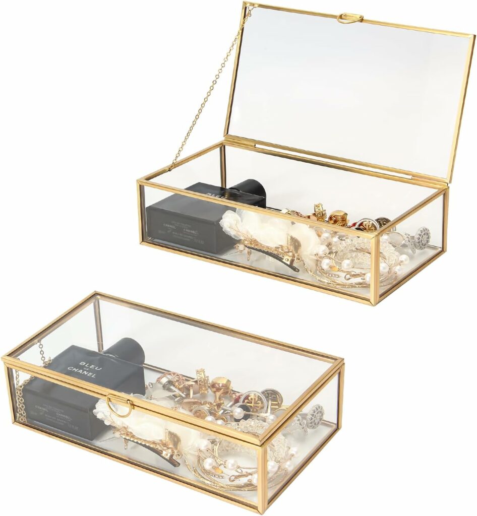 QLQSIMON 8 Copper Golden Vintage Glass Box- Decorative Glass Jewelry Box for Rings Bracelet- Keepsake Display Clear Box- Rectangle Lidded Box Organizer for Home Decor
