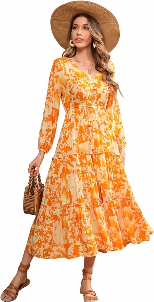 R.Vivimos Maxi Dress for Women Long Sleeve V Neck Drawstring Button Up Casual Split Flowy Dress