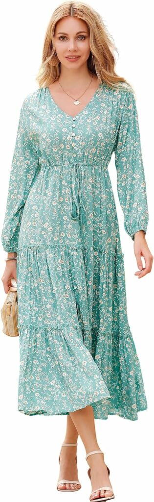 R.Vivimos Maxi Dress for Women Long Sleeve V Neck Drawstring Button Up Casual Split Flowy Dress