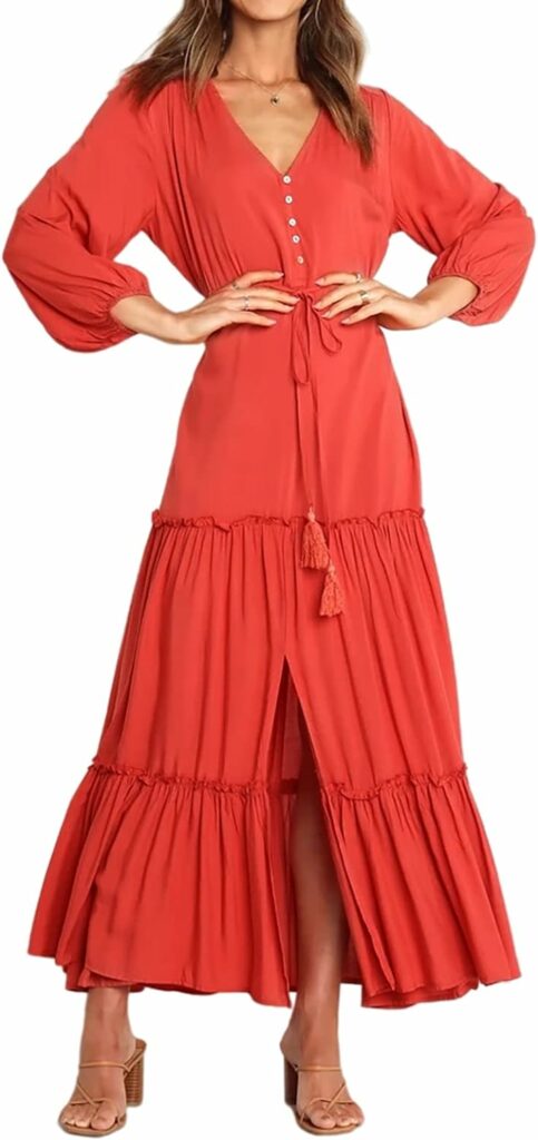 R.Vivimos Maxi Dress for Women Long Sleeve V Neck Drawstring Button Up Casual Split Flowy Dress