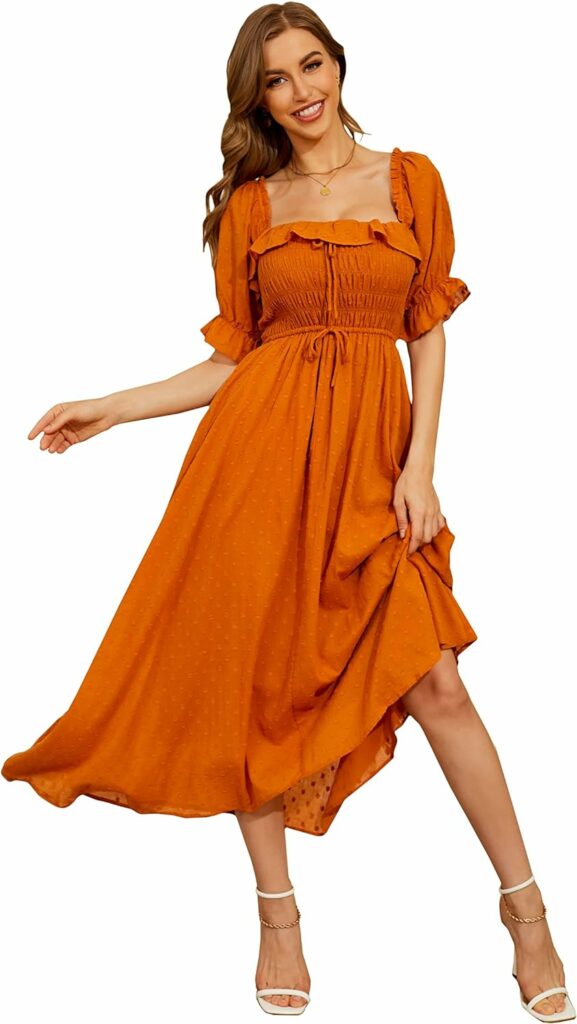 R.YIposha Women Vintage Elastic Square Neck Ruffled Half Sleeve Summer Backless Beach Flowy Maxi Dresses