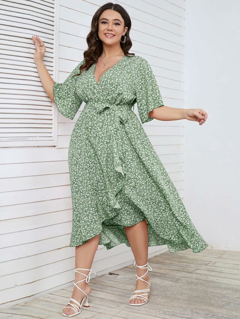 SCOMCHIC Womens Plus Size Summer Floral Printed Wrap V Neck Short Sleeve High Low Split Beach Maxi Dress