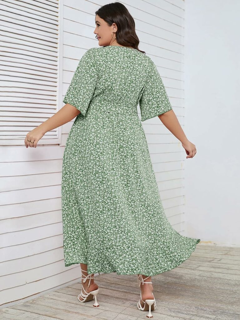 SCOMCHIC Womens Plus Size Summer Floral Printed Wrap V Neck Short Sleeve High Low Split Beach Maxi Dress