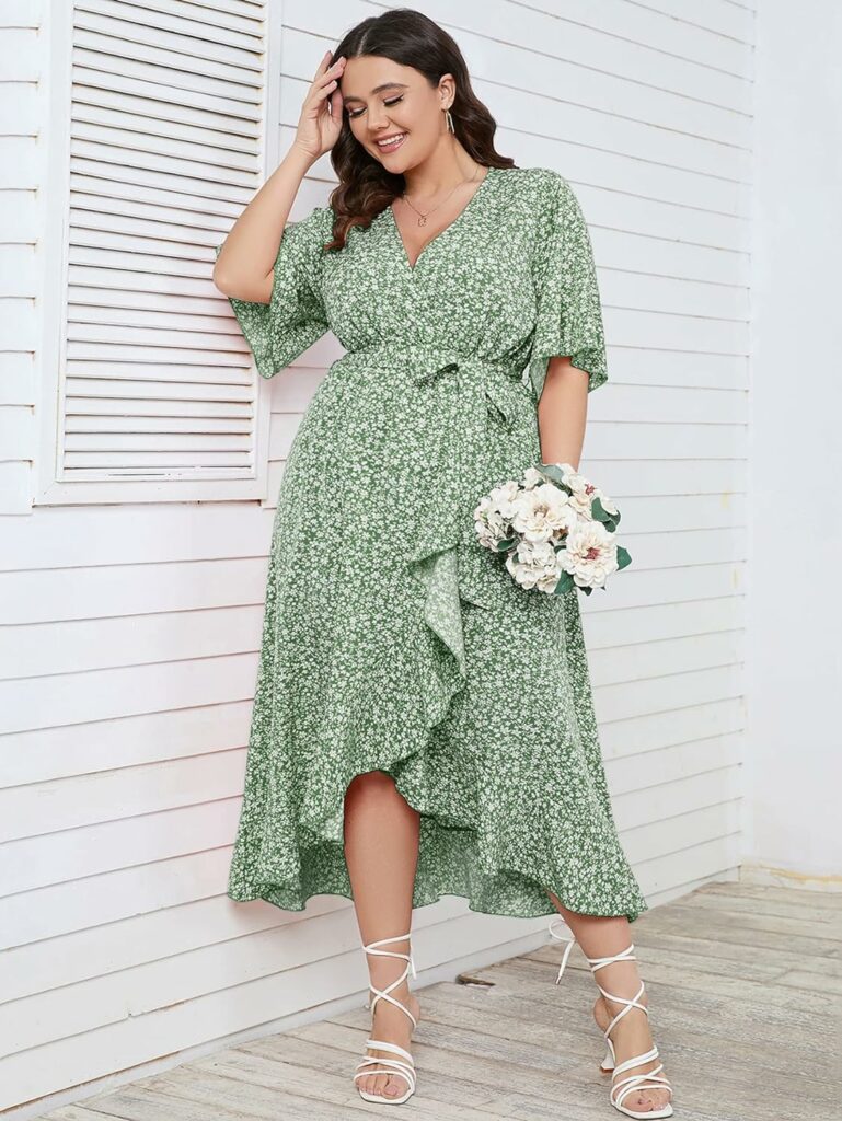 SCOMCHIC Womens Plus Size Summer Floral Printed Wrap V Neck Short Sleeve High Low Split Beach Maxi Dress