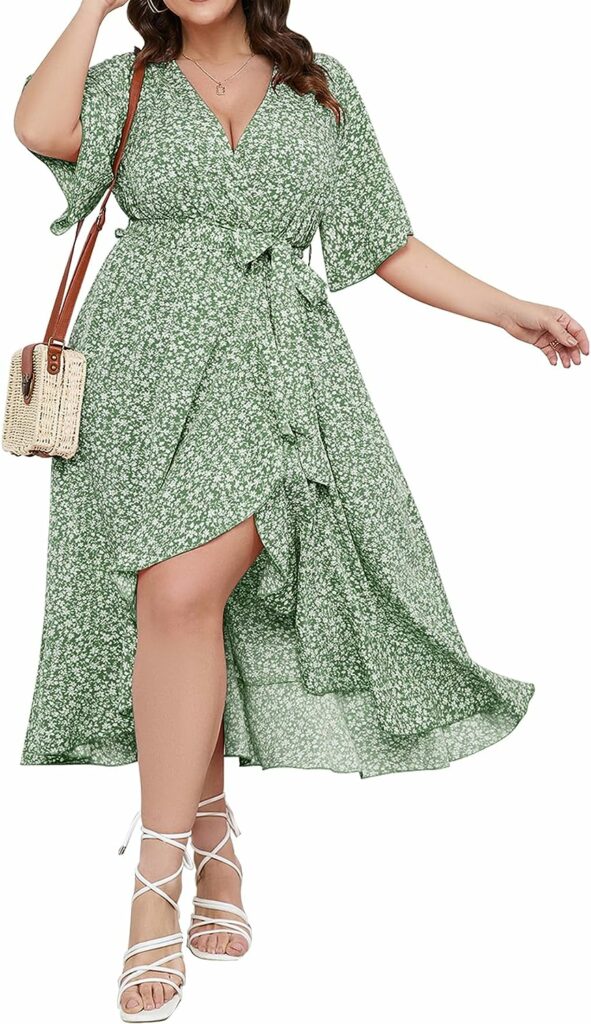 SCOMCHIC Womens Plus Size Summer Floral Printed Wrap V Neck Short Sleeve High Low Split Beach Maxi Dress