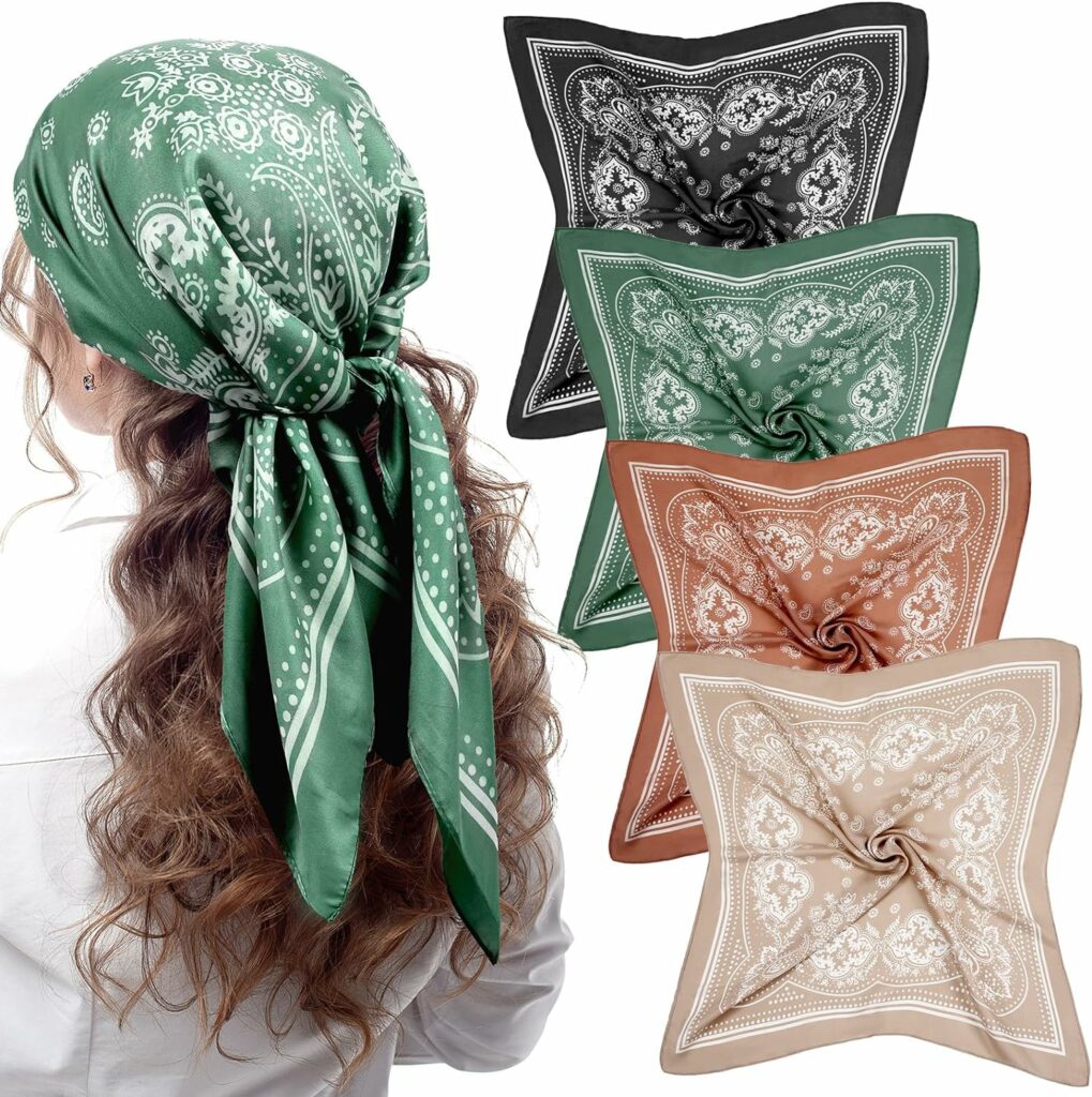 Syhood 4 Pcs 27 Square Satin Head Scarves Satin Bandanas for Women Satin Headband Scarves Silk Feeling Scarf Boho Headwear