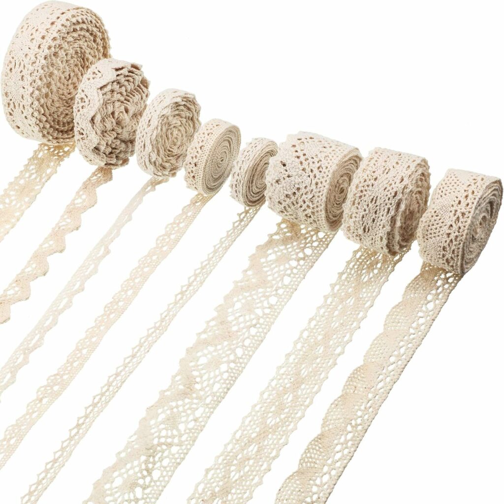 Tatuo 40 Yards Cotton Lace Trim Vintage Lace Ribbon Crochet Cotton Lace Scalloped Edge for Bridal Wedding Decoration Christmas Package DIY Sewing Craft Supply, 5 Yards Each, 8 Styles (Beige)