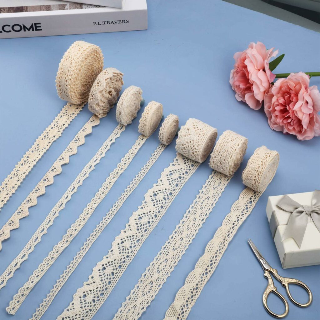 Tatuo 40 Yards Cotton Lace Trim Vintage Lace Ribbon Crochet Cotton Lace Scalloped Edge for Bridal Wedding Decoration Christmas Package DIY Sewing Craft Supply, 5 Yards Each, 8 Styles (Beige)