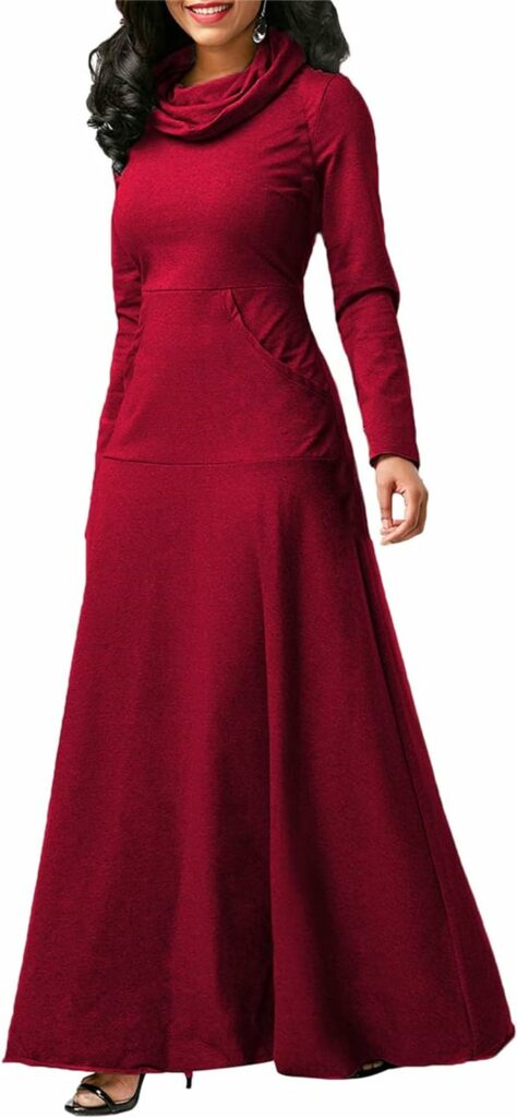 Thatrich Women Long Sleeve Loose Plain Maxi Dresses Muffler Neck Hood Solid Color Stitching Casual Long Dresses Pockets