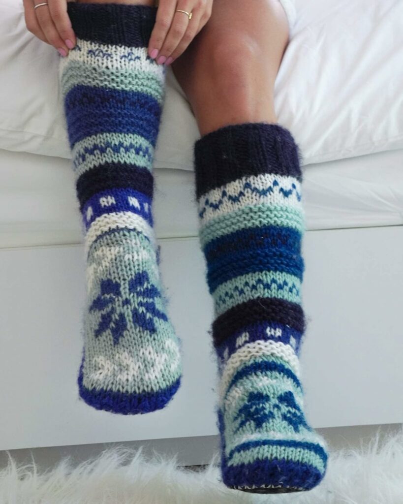 Tibetan Socks Hand Knit Wool Fleece Lined Long Slipper Socks with Non Slip Soles