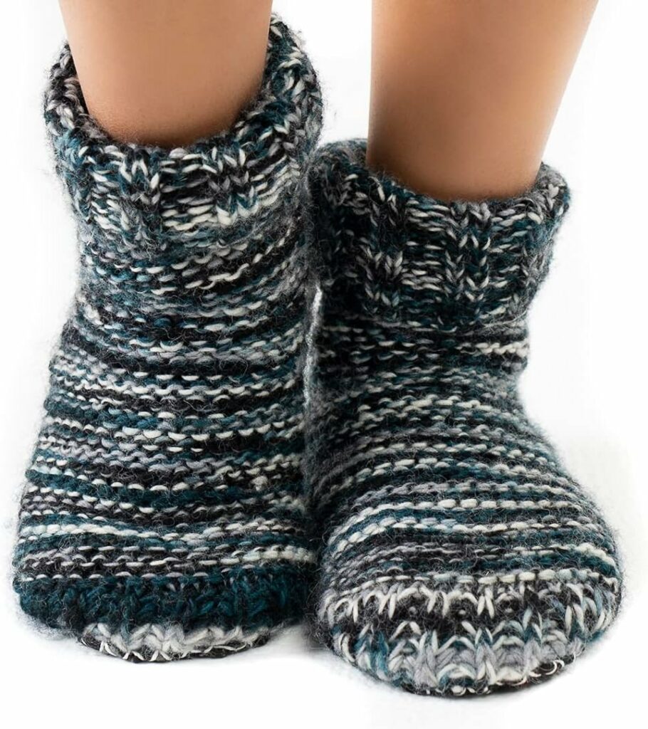 TIBETAN SOCKS Wool Hand Knit Fleece Lined Mid Bootie Slipper Sock Non Slip Sole
