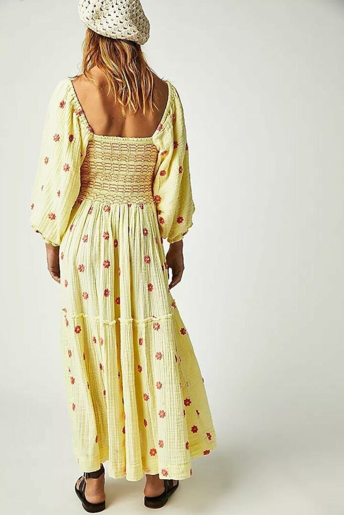 Willow Dance Women Casual Bohemian Floral Dress Square Neck Ruffle Swing A Line Dress Long Sleeve Beach Maxi Dress