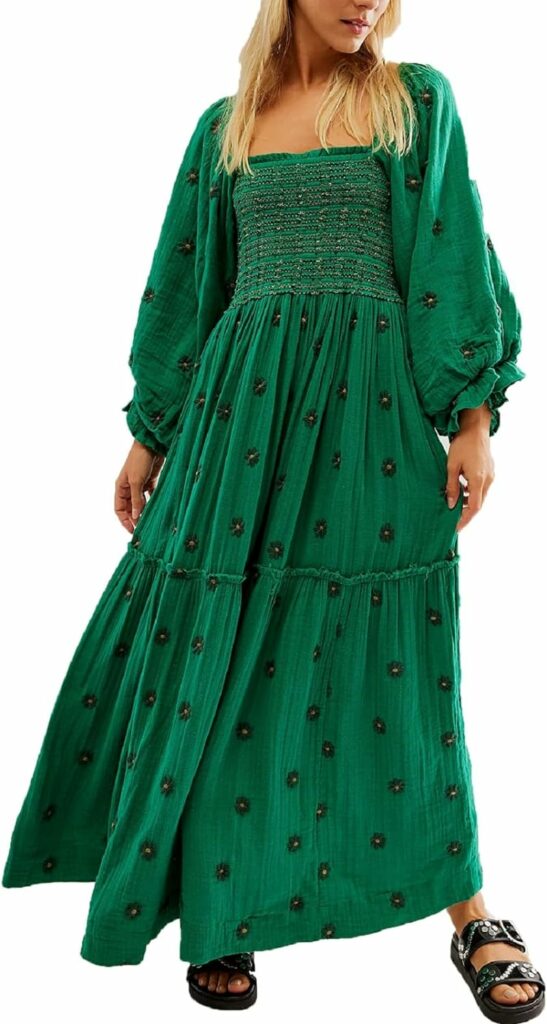 Women Boho Deep V Neck Puff Sleeve Maxi Dress Casual Floral Chiffon Tiered Flowy Swing Party Long Dress