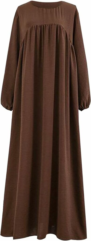 Women Church Dress Solid Elegant Maxi Dress Vintage Classic Plain Crewneck Puff Sleeve A-line Flowy Pleated Dresses