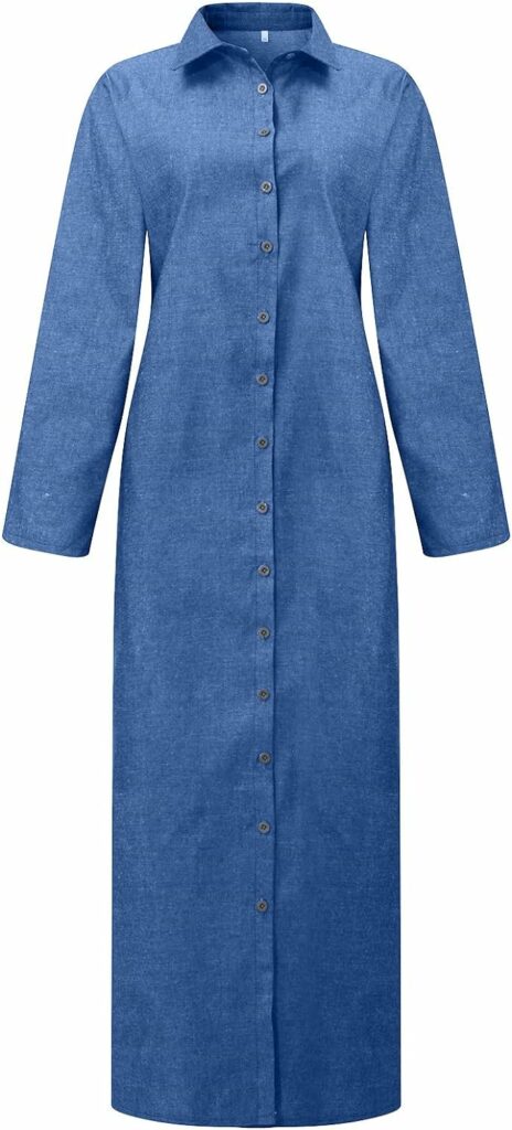 Womens Casual Dresses Pocket Cotton Shirt Long-Dress Casual Lapels, Panels, Sleeves, Linen Shirt Dress Party