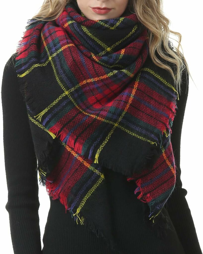 Womens Fall Winter Scarf Classic Tassel Plaid Scarf Warm Soft Chunky Large Blanket Wrap Shawl Scarves