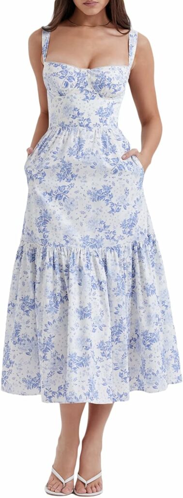 Womens Floral Maxi Dress Cottagecore Dress Summer Vintage Square Neck Split Boho Dress Midi Sundress Vocation