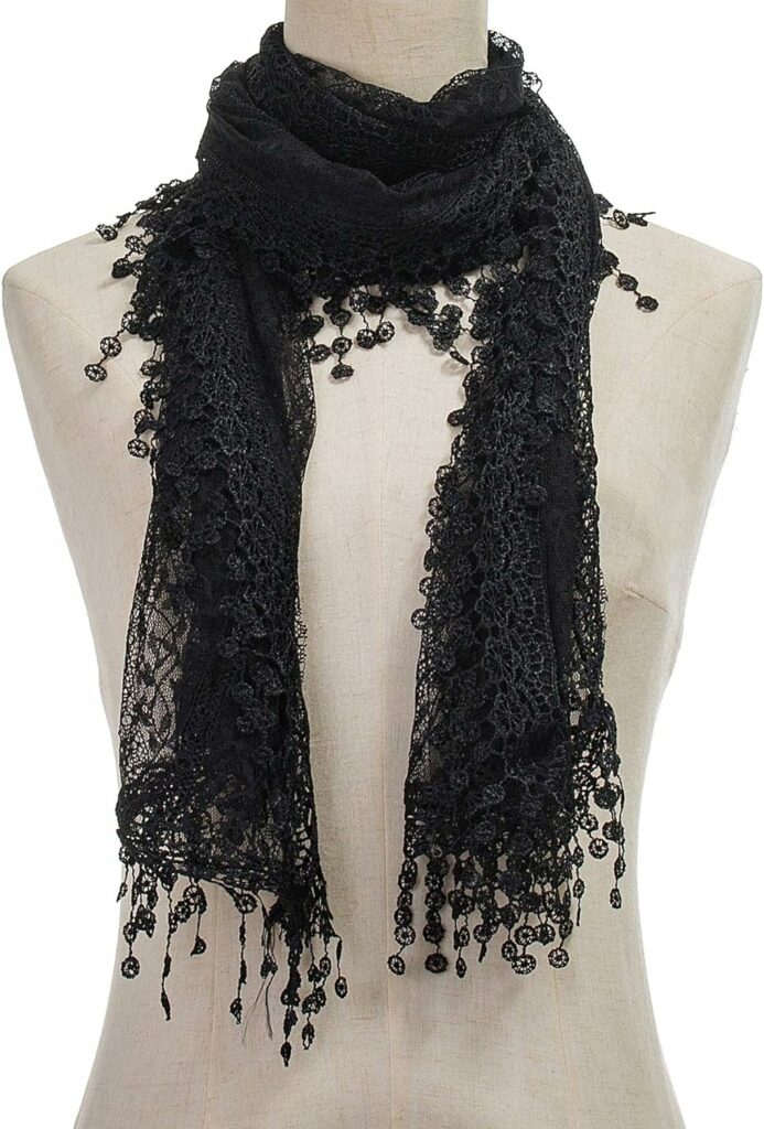 Womens lightweight Feminine lace teardrop fringe Lace Scarf Vintage Scarf Mesh Crochet Tassel Cotton Scarf for Women