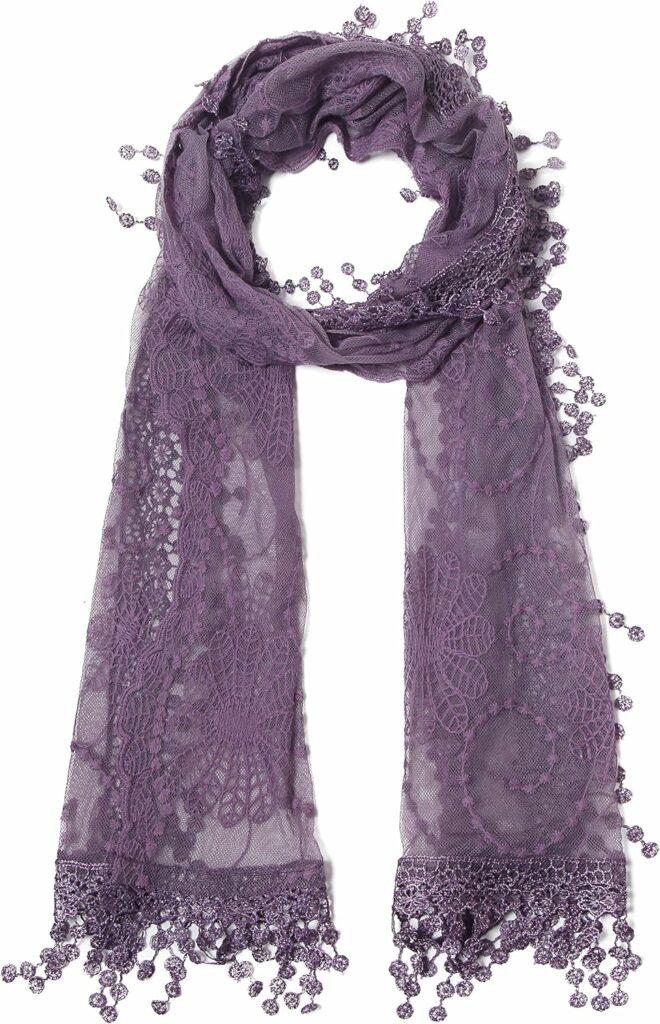 Womens lightweight Feminine lace teardrop fringe Lace Scarf Vintage Scarf Mesh Crochet Tassel Cotton Scarf for Women