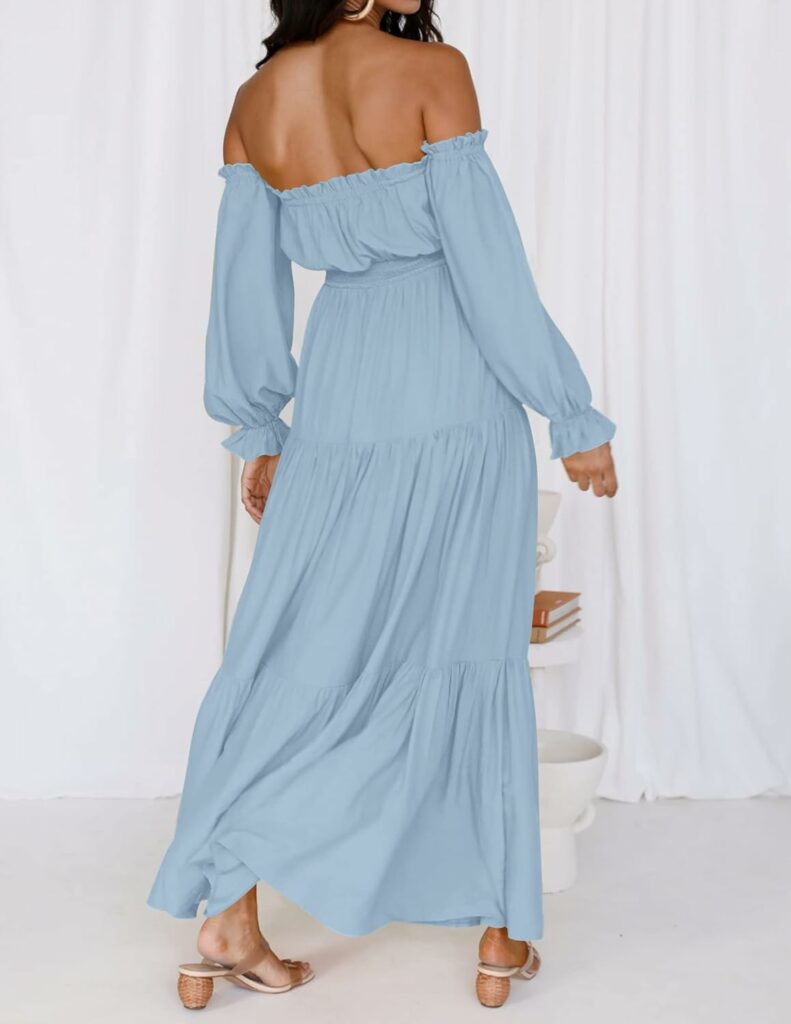 ZESICA Womens 2023 Boho Sexy Off Shoulder Long Sleeve Smocked High Waist Side Split Flowy A Line Tiered Long Maxi Dress