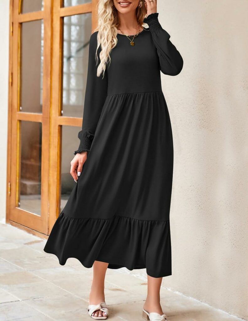 ZESICA Womens 2023 Fall Long Sleeve Dress Crewneck Casual Loose Pleated Tiered Swing Maxi Dresses with Pockets