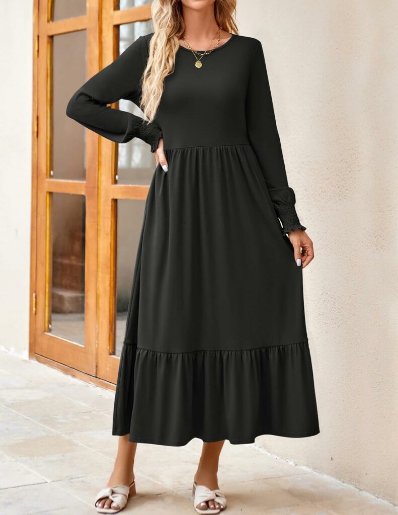 ZESICA Womens 2023 Fall Long Sleeve Dress Crewneck Casual Loose Pleated Tiered Swing Maxi Dresses with Pockets