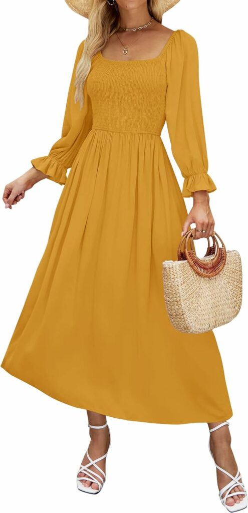 ZESICA Womens Casual Square Neck 3/4 Puff Sleeve Solid Color Smocked High Waist Flowy Midi Dress
