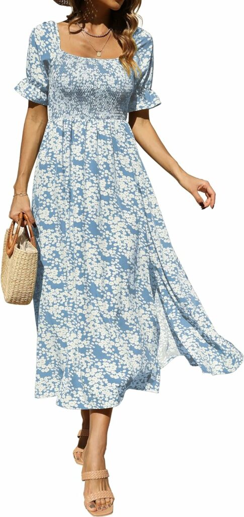 Zuimoaes Womens Summer Bohemian Floral Smocked Square Neck Puff Sleeve Casual Split Beach Vacation Long Maxi Dress