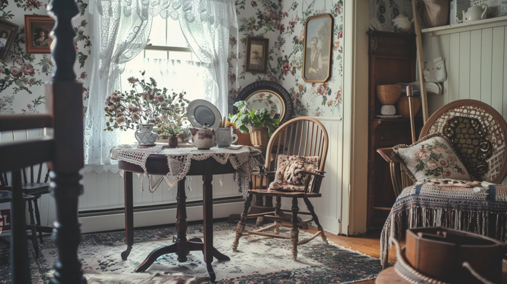 A cozy cottage interior decorated with vintage laced curtains.